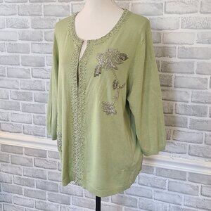 Vtg Karen Kane Silk Cotton Beaded Cardigan Sweater Green NEW Romantic Cottage 2X